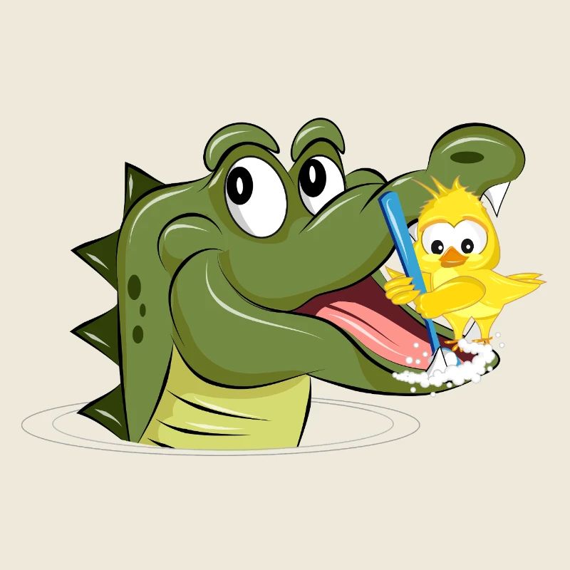 Crocodile and bird brushing their teeth – funny animals