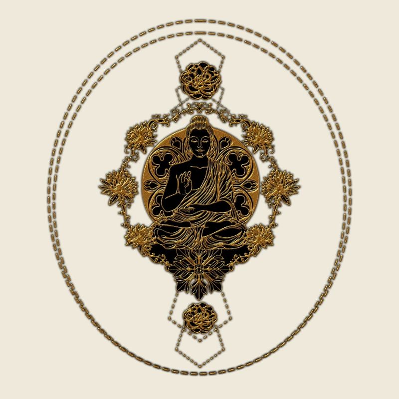 Buddha in Gold mit Mandala und Blumen