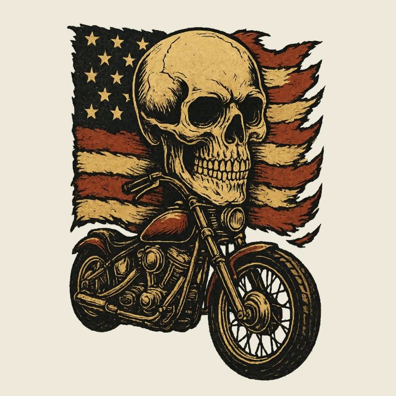 Moto skeleton devant le drapeau américain