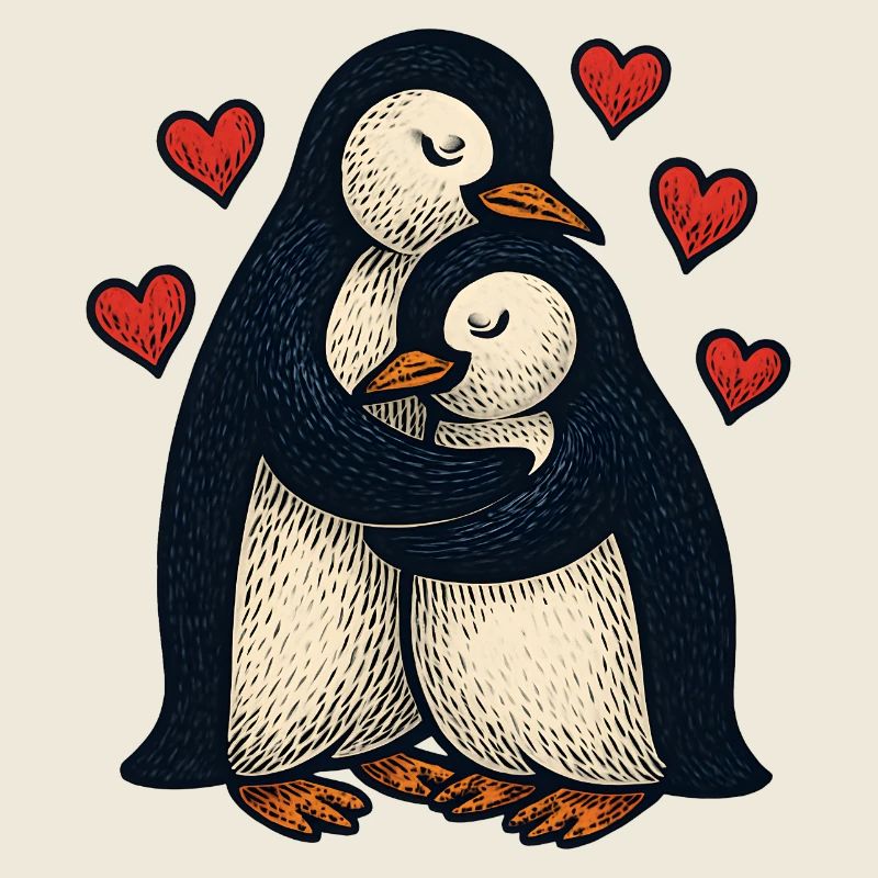 Penguin couple hugging with hearts