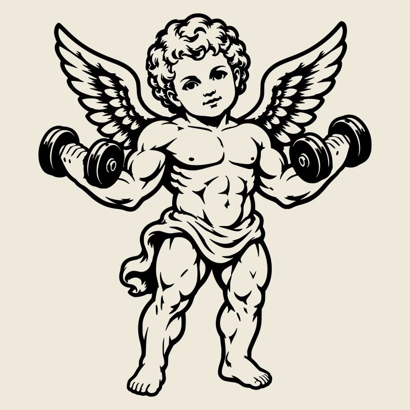 Starker Cherub trainiert mit Hanteln
