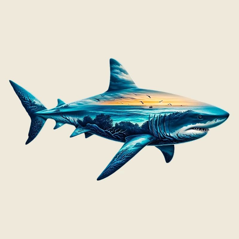 Requin décoré peint d’un paysage marin
