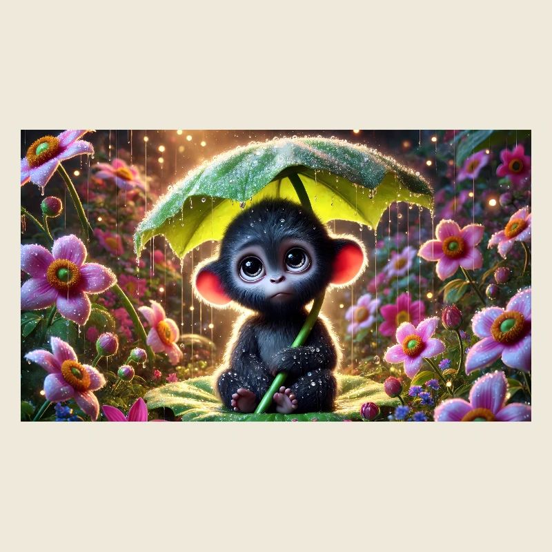 Little monkey under a glowing umbrella