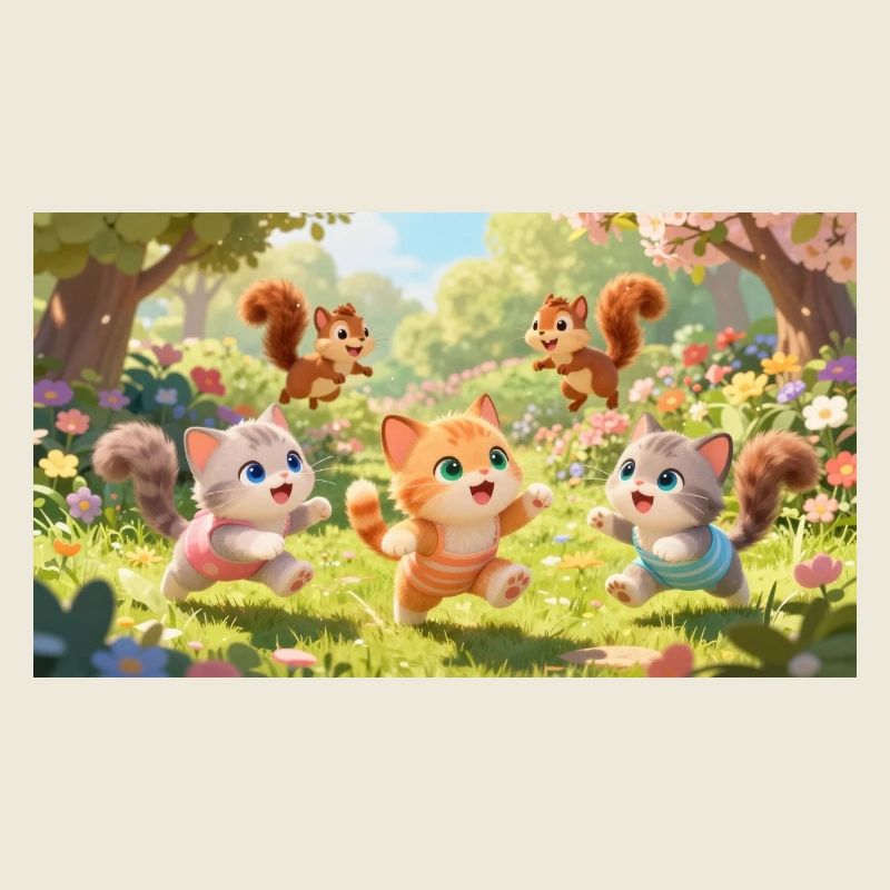 Cartoon Kätzchen und Eichhörnchen toben im Garten