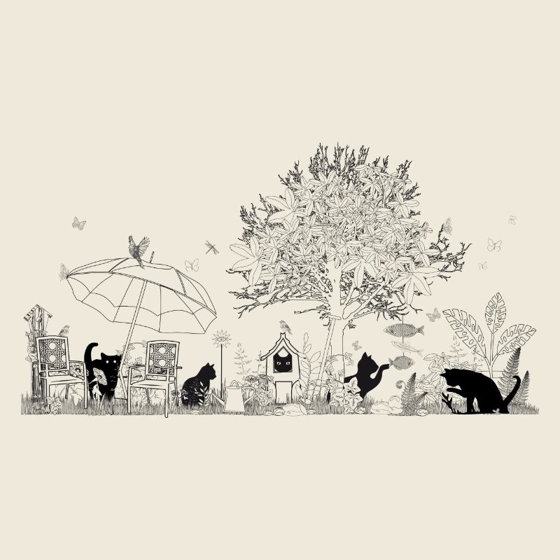 Zeichnung eines üppigen Gartens mit Katzen