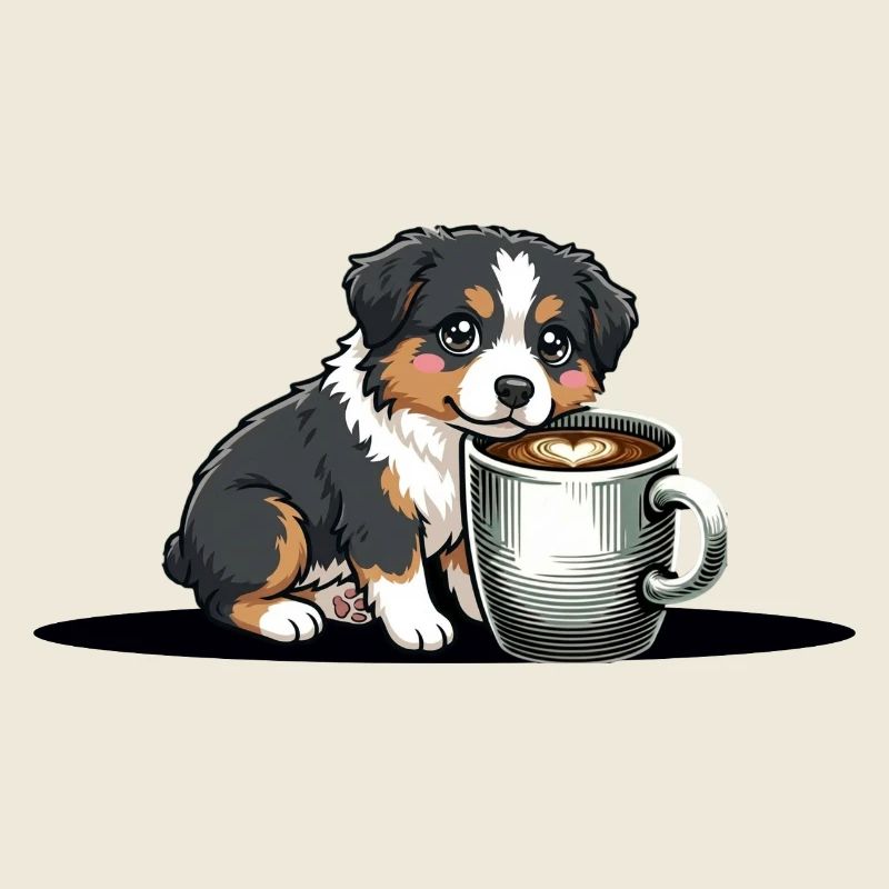Petit chiot berger australien mignon, tasse de café