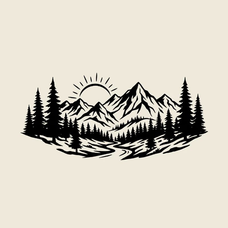 Berglandschaft Wald Fluss Sonne Linienkunst