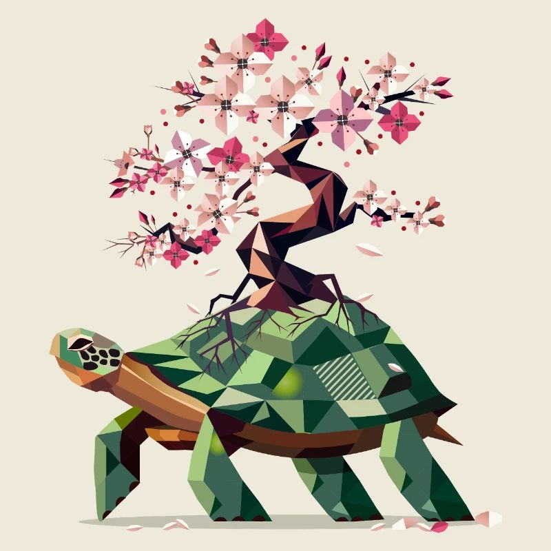 Schildkröte mit blühenden Kirschblüten-Bonsai