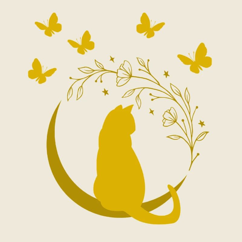 Chat de lune dorée avec vigne à fleurs