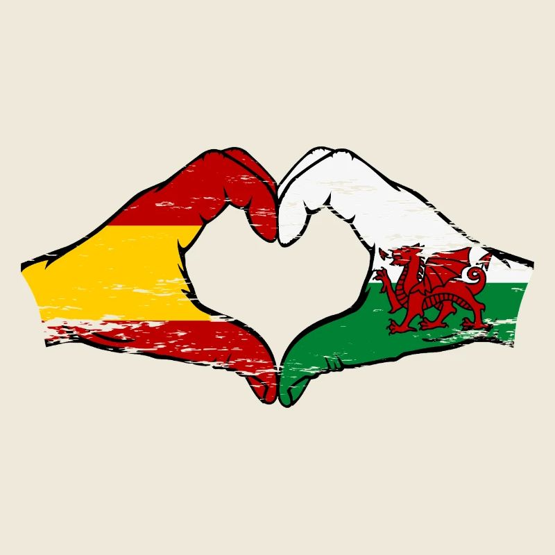 Spain Wales flag hands heart shape used