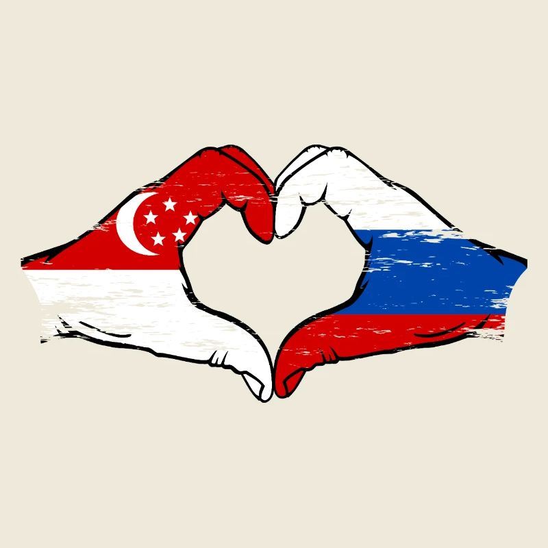 Singapour Russie Drapeau Mains Coeur Forme Utilisé