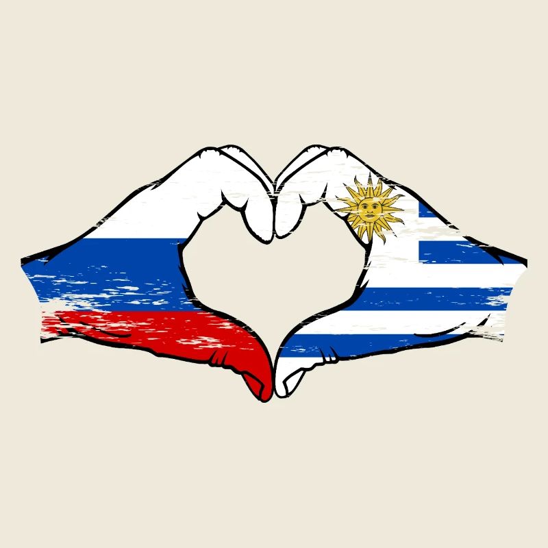 Russie Uruguay Drapeau Mains Coeur Forme Utilisé