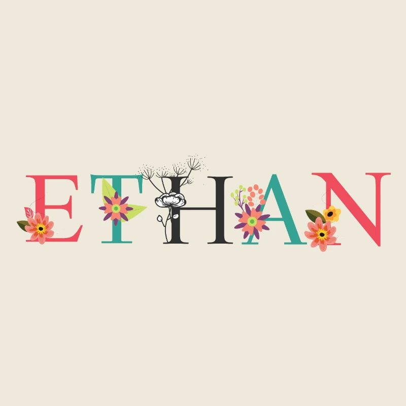 ETHAN Name Art avec des fleurs brodées