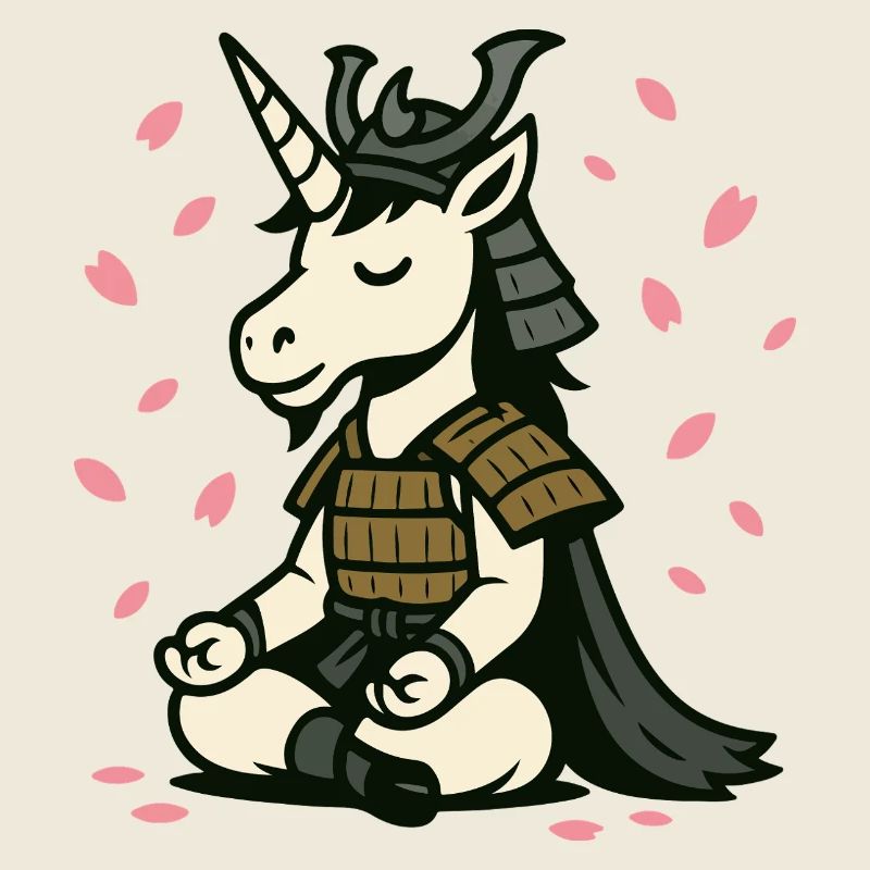 Meditierendes Samurai-Einhorn mit Kirschblüten