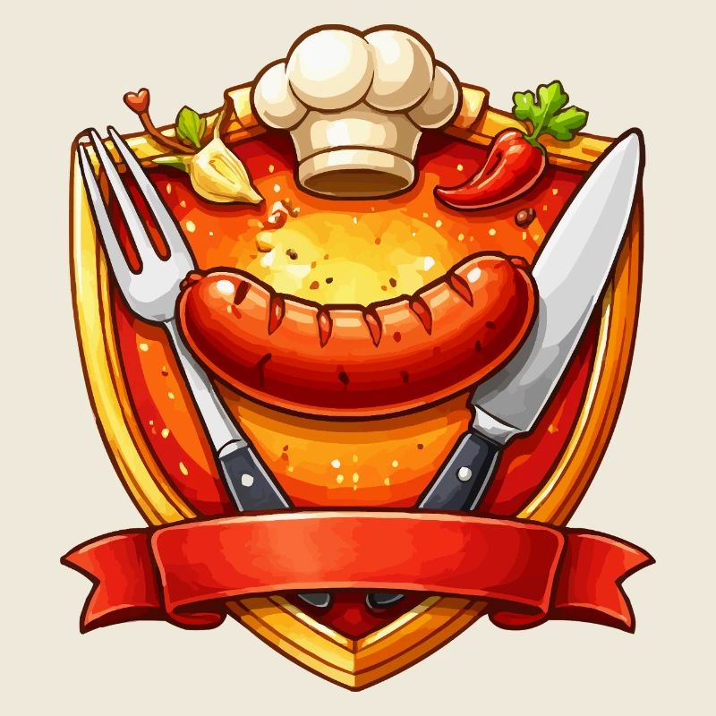 Gegrillte Wurst auf rotem Teller Schild