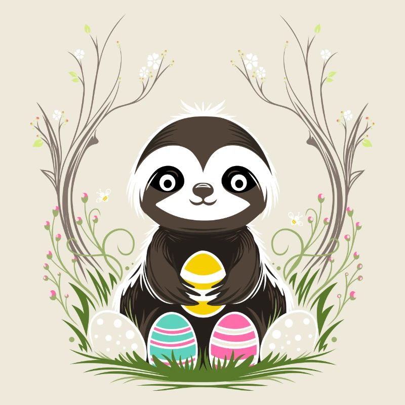Easter Sloth with Easter Eggs in Spring