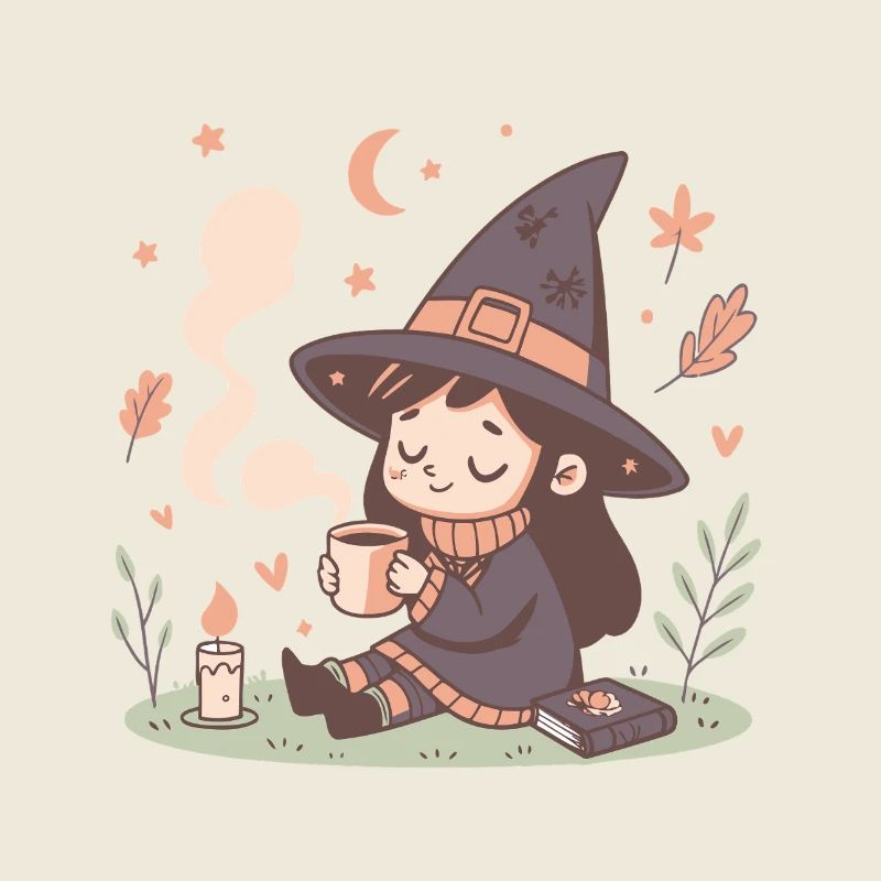 Cozy witch and steaming cup