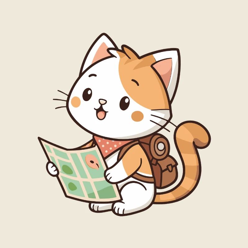 Kawaii explorer cat reading card