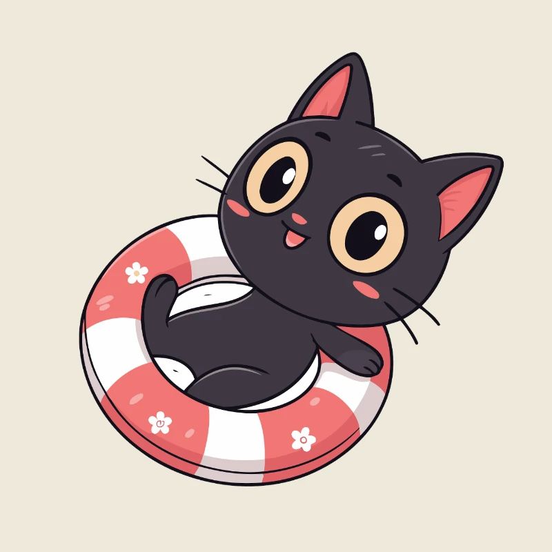 Chat noir sur bouée fleurs