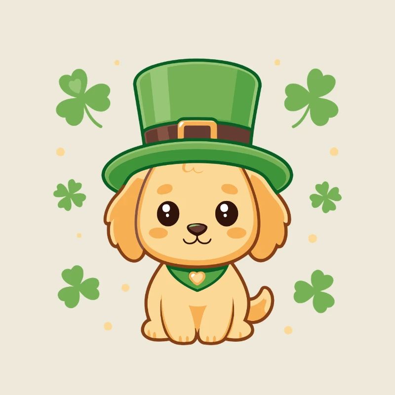 Chiot Labrador kawaii trèfle et chapeau vert