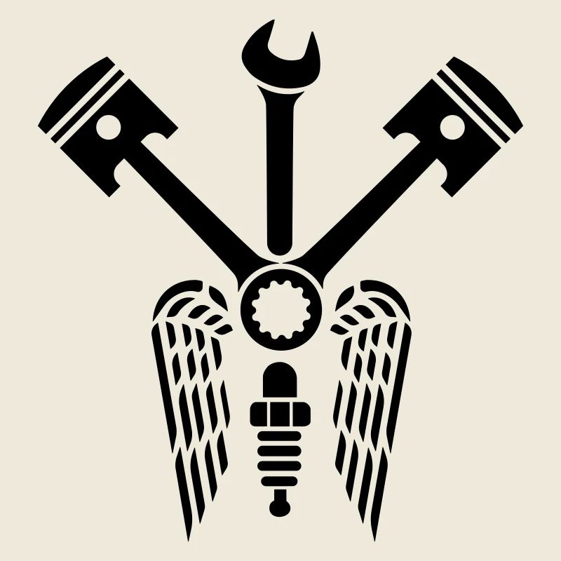 Piston wrench crossed with wings & spark plug