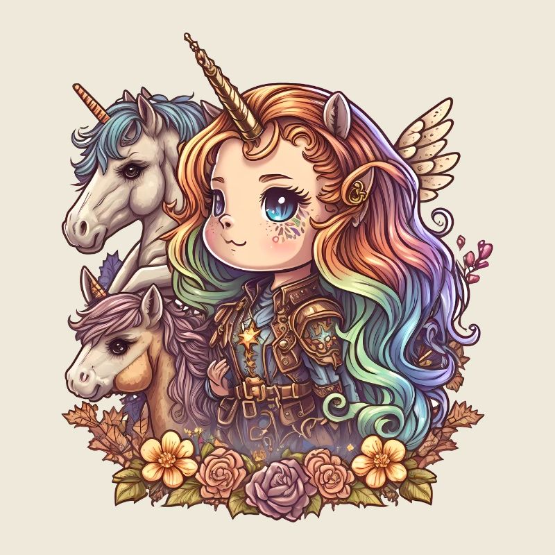 00258 Mädchen mit Regenbogenhaaren und Einhorn