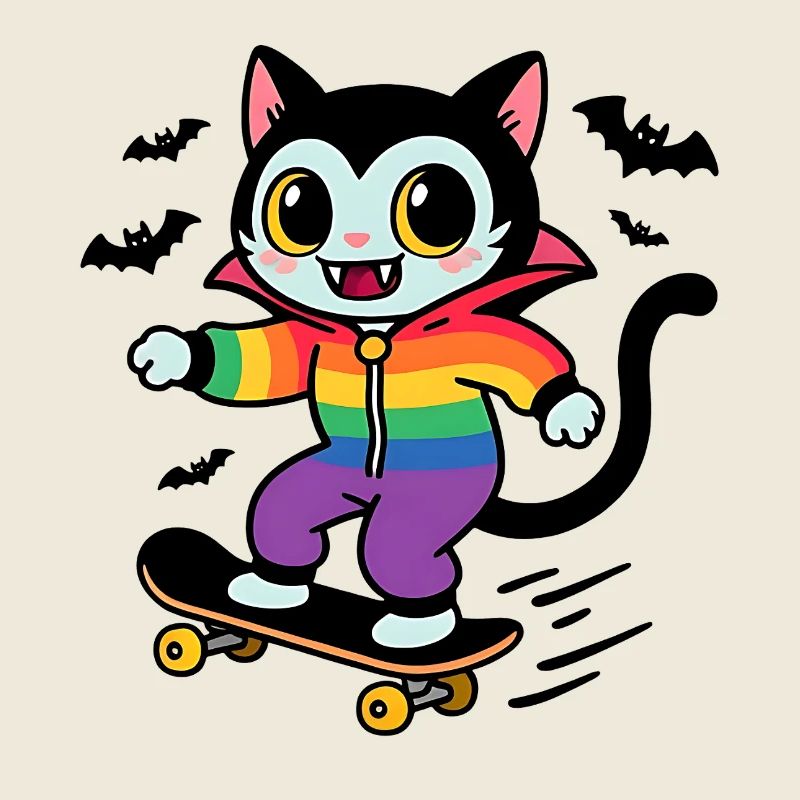 Rainbow Vampire Cat Skateboarding