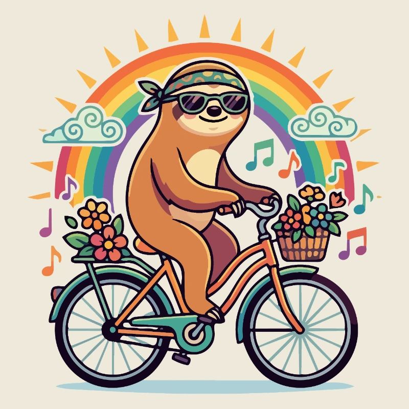 Flower Power Sloth on Bicycle Rainbow Sun
