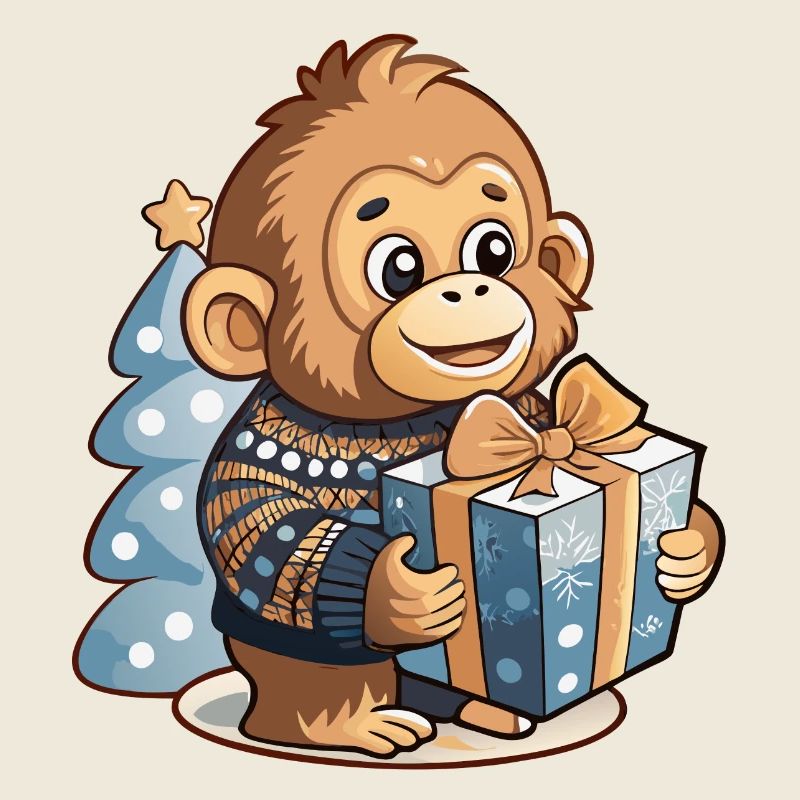 Cute orangutan unwrapping gift