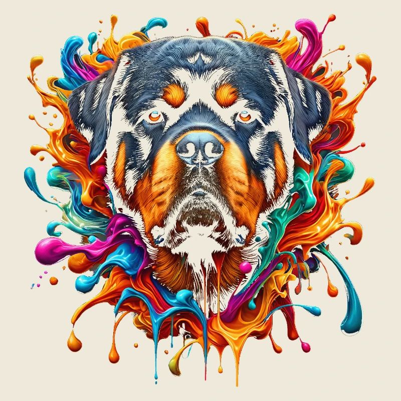 Süßer Rottweiler mit bunten Farbklecksen