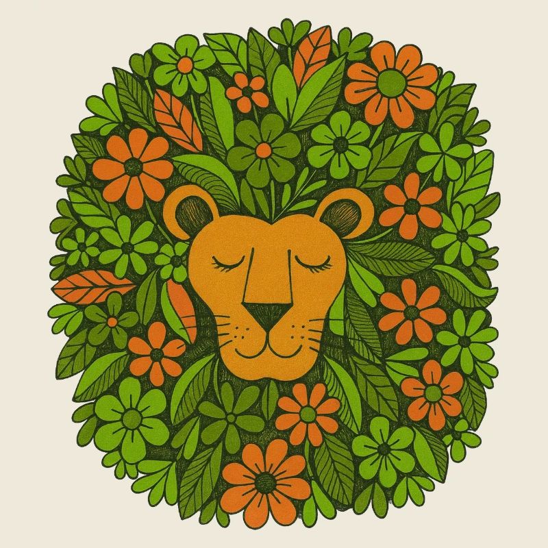 Retro Leo Lion with 70s Flowers