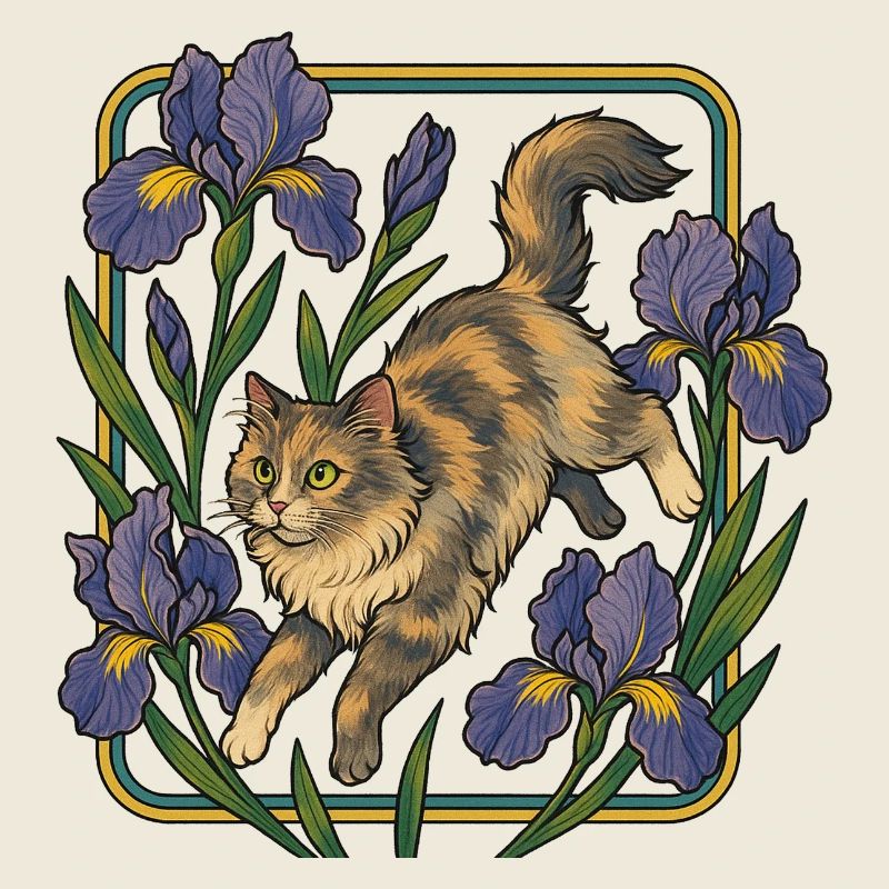 Chat élégant parmi les fleurs d'iris