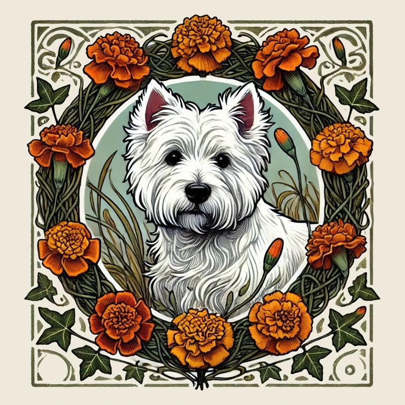 Westie in orangefarbenem Blumenrahmen