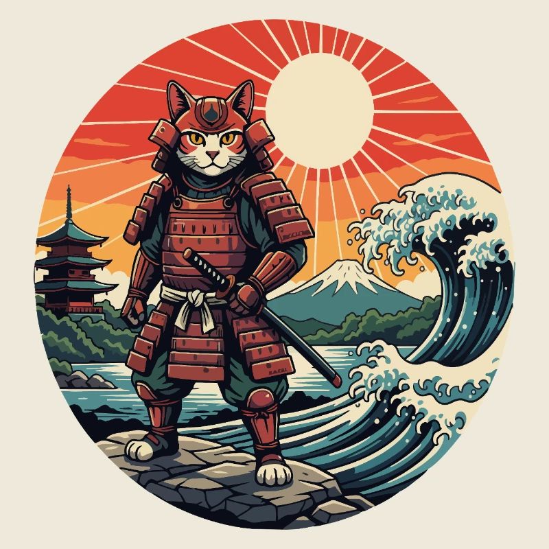 Le chat samouraï aux vagues du coucher du soleil