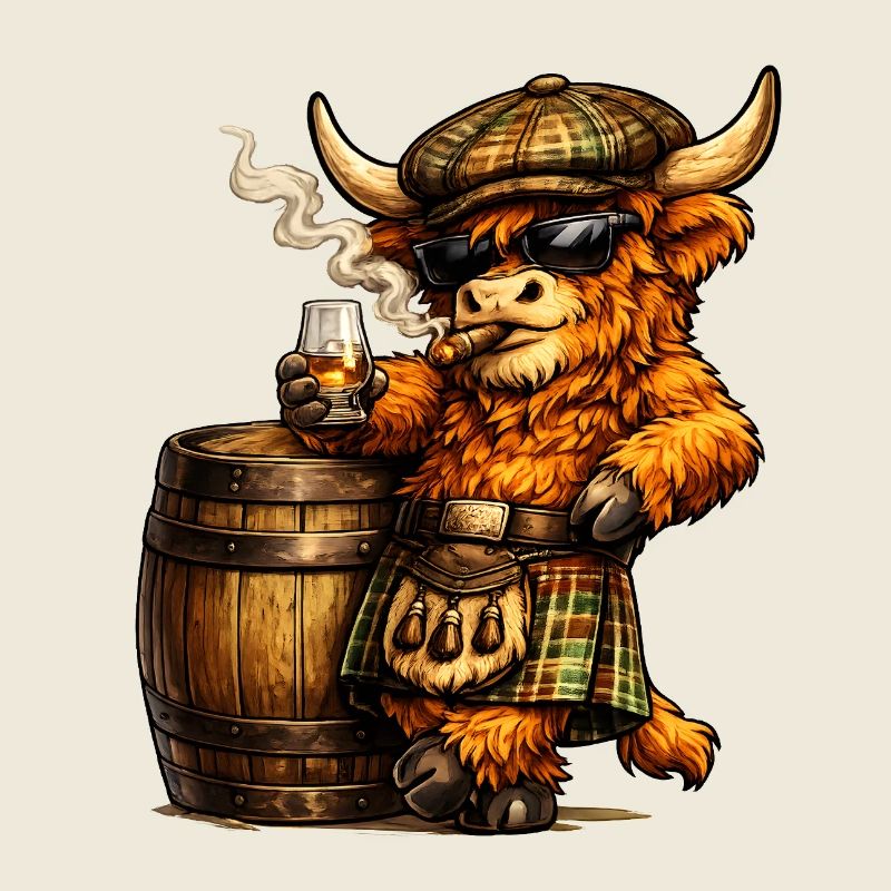 Highland Cattle mit Whiskyfass und Zigarre