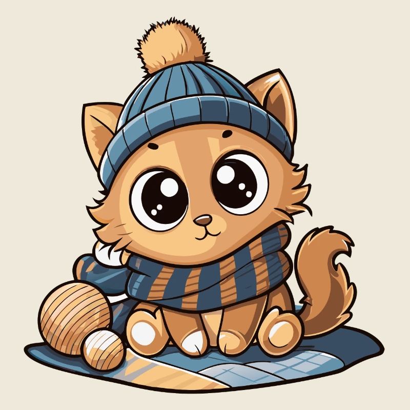 Chat mignon avec écharpe et chapeau à pompon.