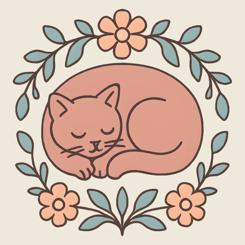 Sleeping cat in a circle of flowers