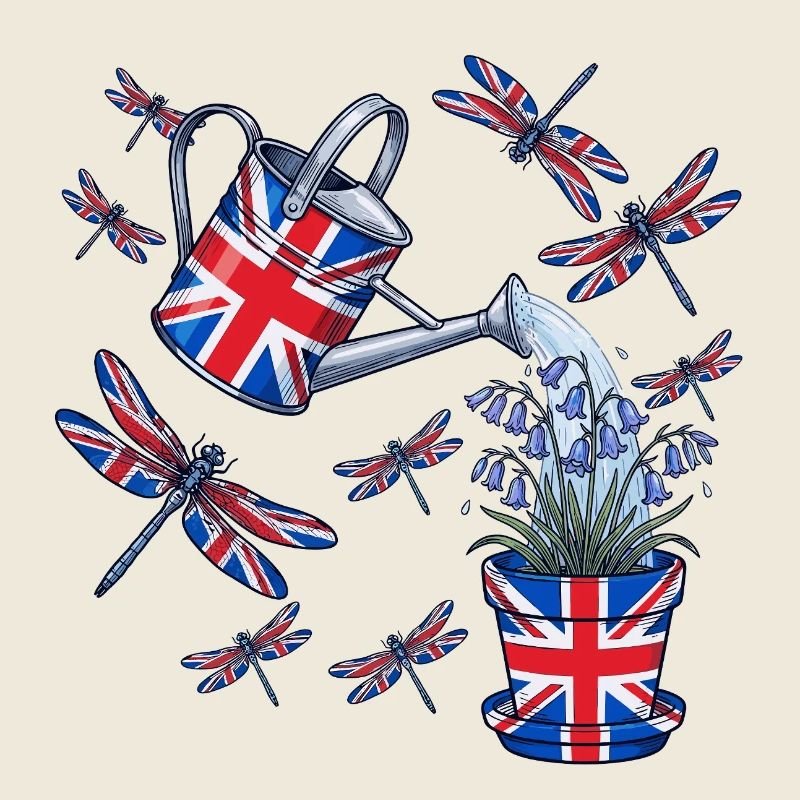Britische Gartenkunst: Kanne und Blüten