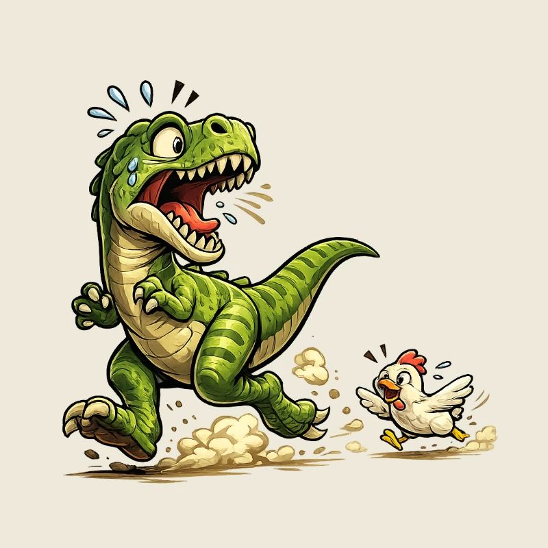 Comic-Raptor-Dinosaurier auf der Flucht vor einem Huhn
