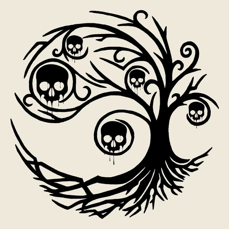 Schwarzer Baum mit Totenköpfen