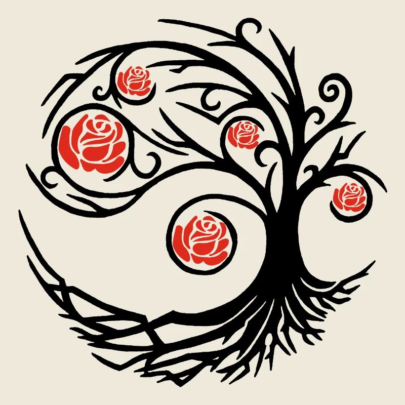 Stilisierter schwarzer Baum und rote Rosen