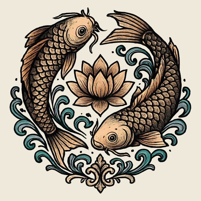 Koi and Lotus Circle Harmony Tattoo
