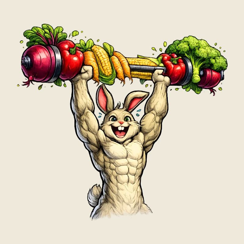 Bunny with muscles and vegetable barbell