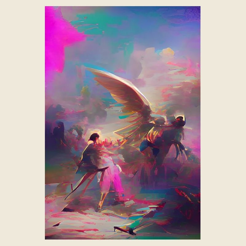 Samurai Krieger Engel Endkampf Pastell Kunstwerk