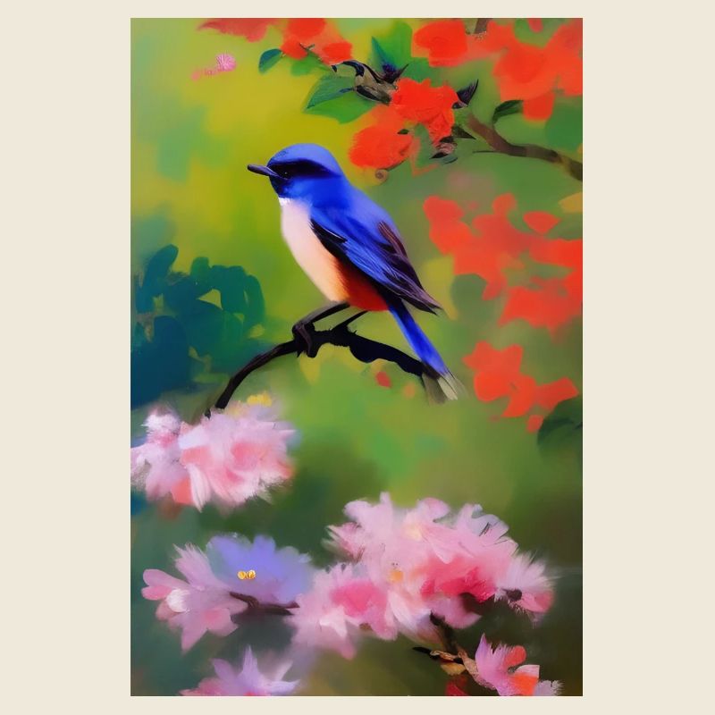 Oiseau sur branche avec fleurs