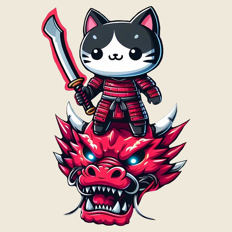 Chat samouraï avec épée sur dragon dans un effet 3D épique
