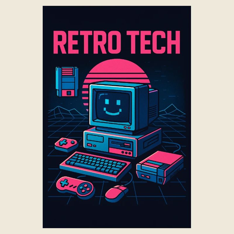 Retro Tech Computer Grafikdesigner mit Lächeln