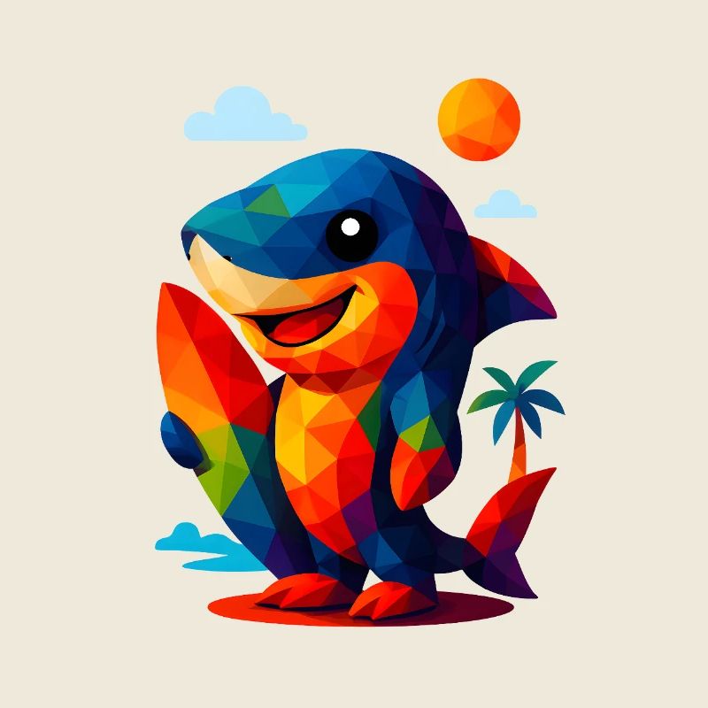 WPAP Polygon Kawaii Style Animaux Bébé Requin Surfeur