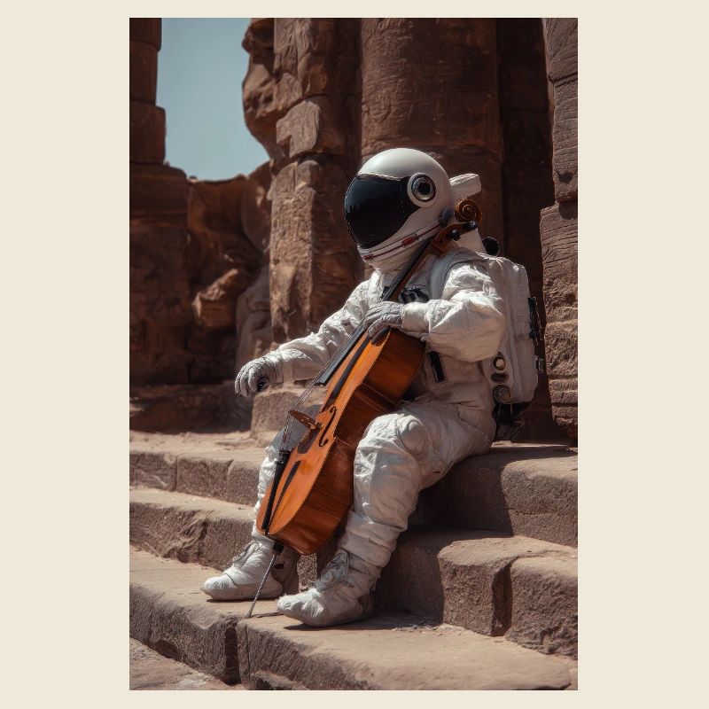 Astronaute avec violoncelle sur des marches antiques