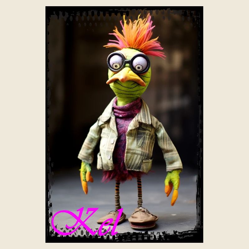 Bird puppet with glasses and chic clothes